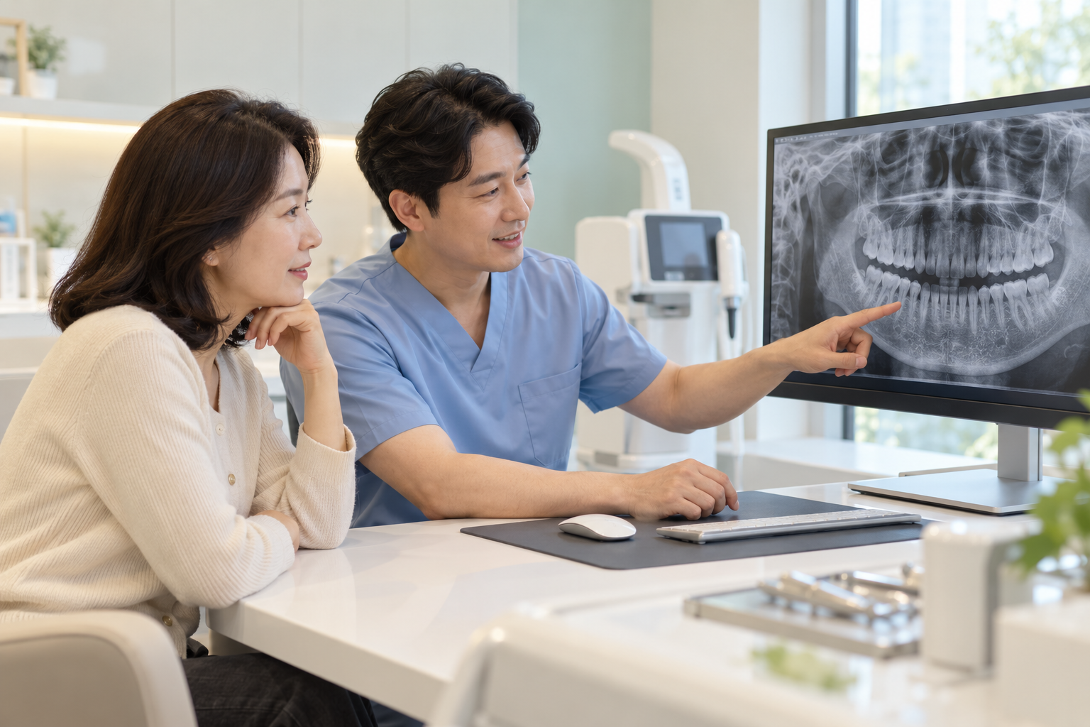 구리 임플란트 가격 상담 전 방사선 사진으로 잇몸뼈 상태를 확인하는 구리 갈매 치과 진료 장면, 구리웰니스치과의원